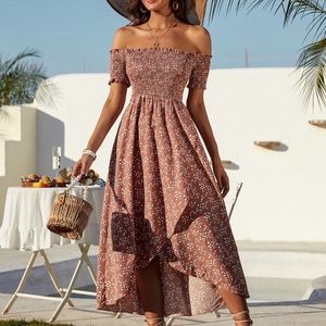 Boho Dusty Pink Floral Print Off Shoulder Midi Dress